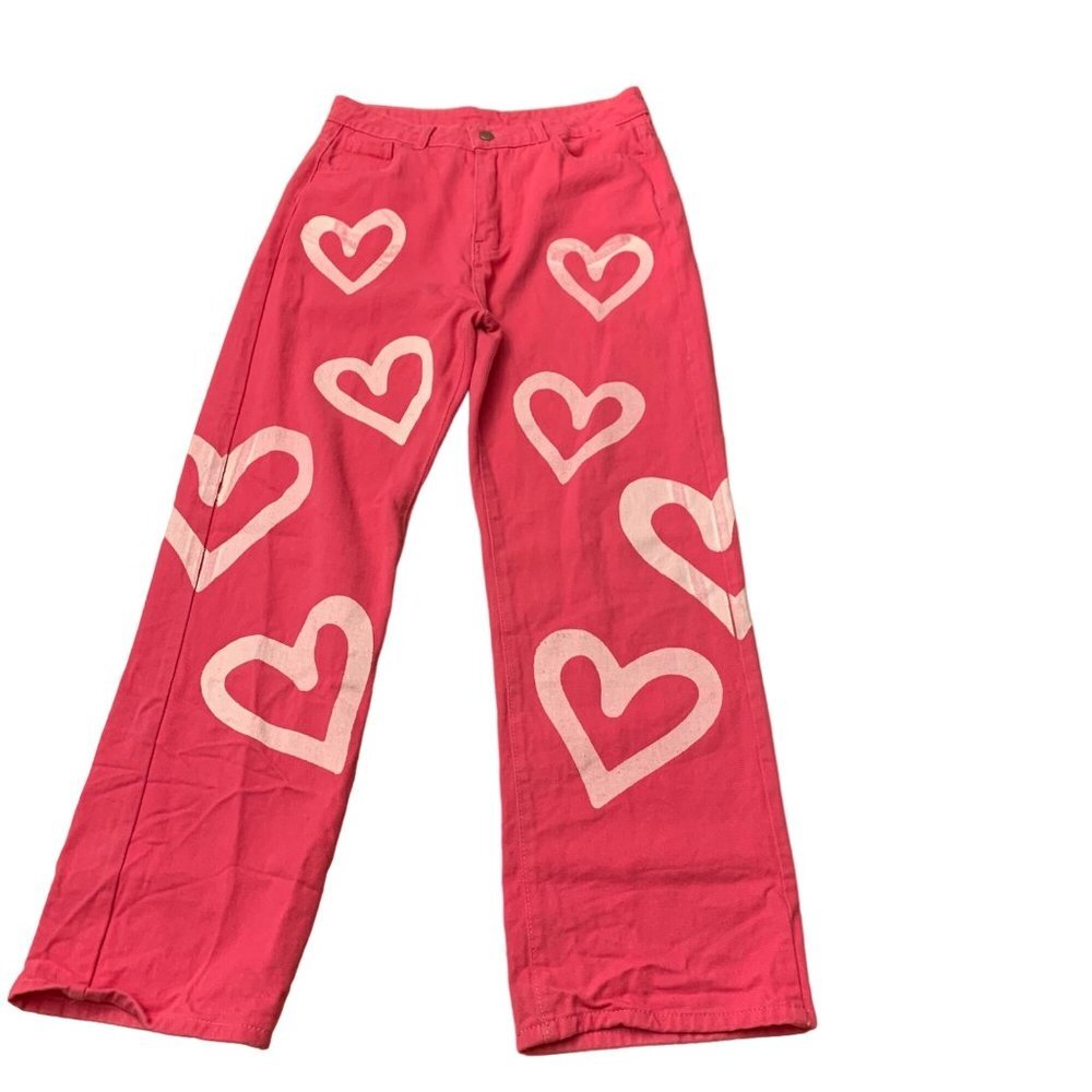 Women's Trendy Heart Print Straight Leg Jeans Barbie pink
